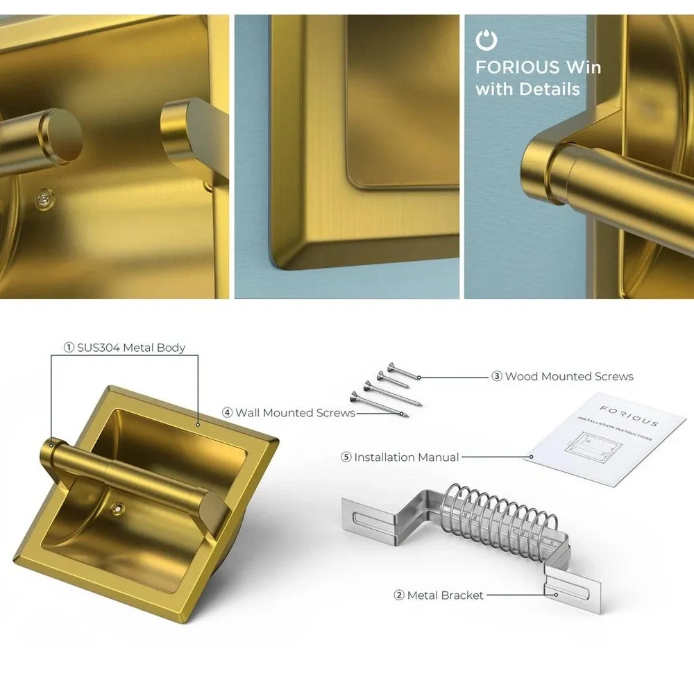FORIOUS Recessed Toilet Paper Holder WW0204G Brass Finish‎ Wall Mount Gold New